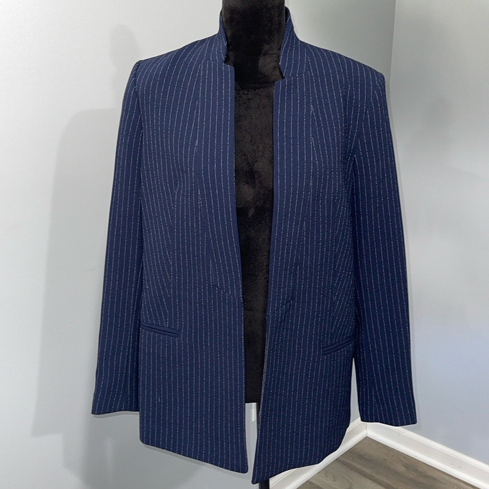 Tommy Hilfiger navy white pinstripe blazer jacket open style no lapel